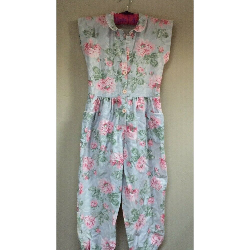 Vintage Wee Clancy Girls Size 14 Button Front Gray Pink Floral Jumpsuit Cotton
